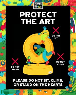 illustrated image of people climbing, sitting, and standing on a heart sculpture