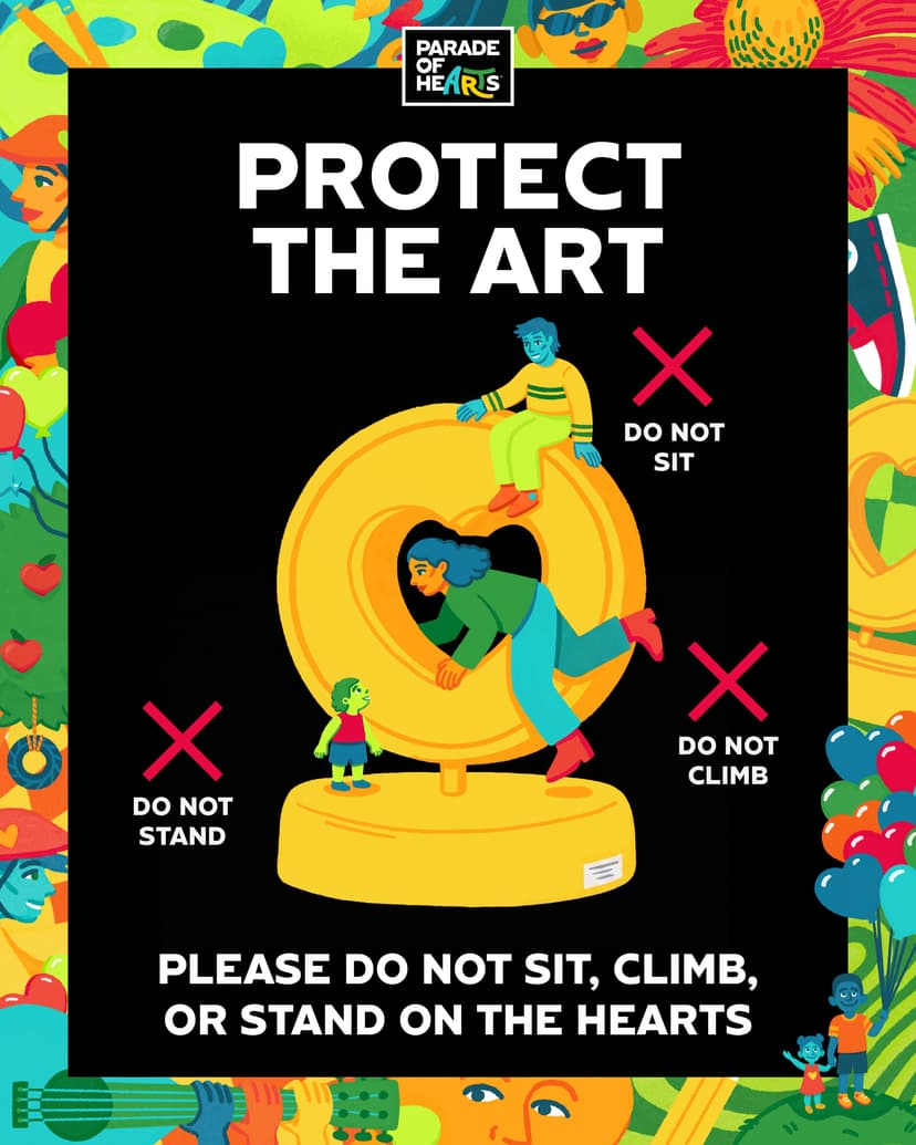 illustrated image of people climbing, sitting, and standing on a heart sculpture
